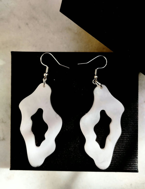 Boucles d’oreilles blanches organiques ajourées sur fond noir